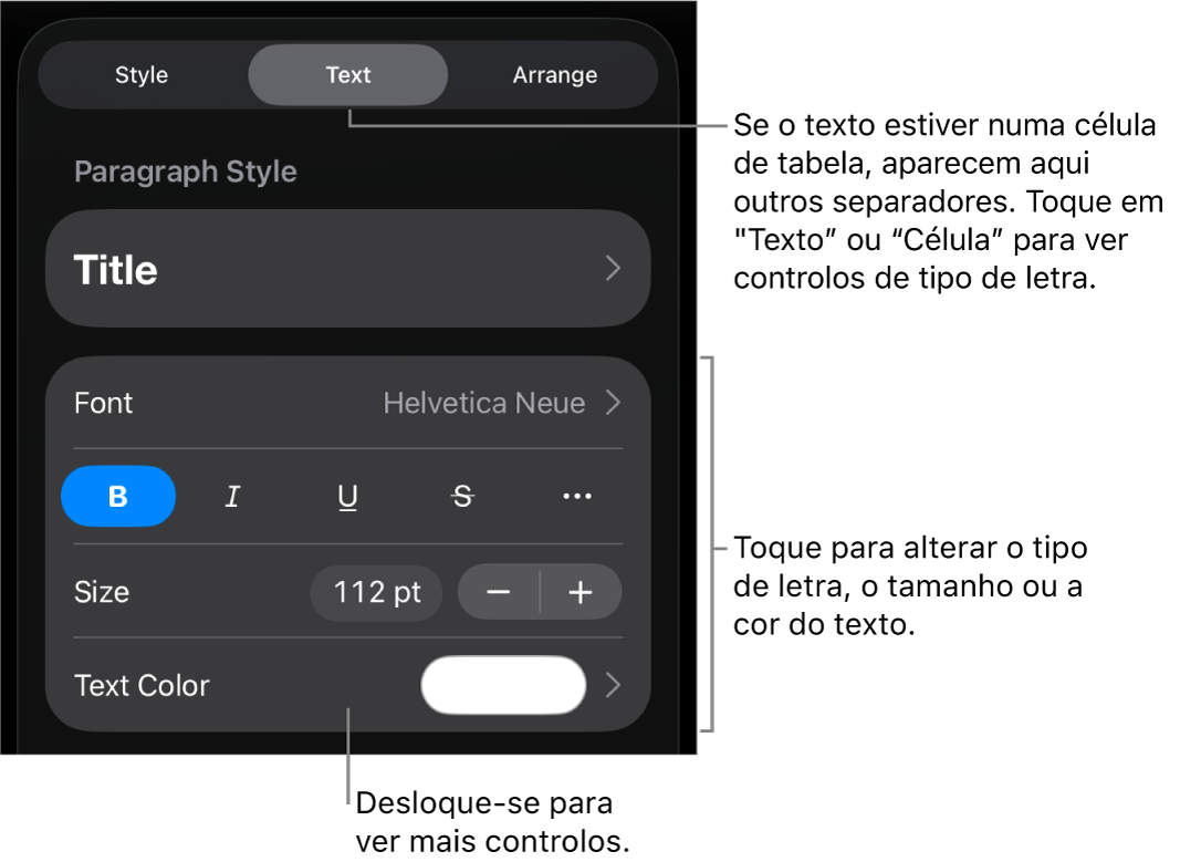 Controlos de texto no menu "Formatação” para definir estilos de parágrafo e carácter, tipo de letra, tamanho e cor.