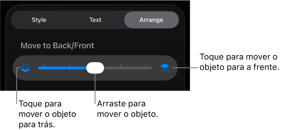 O botão “Mover para trás”, o botão “Mover para a frente” e o nivelador da camada.