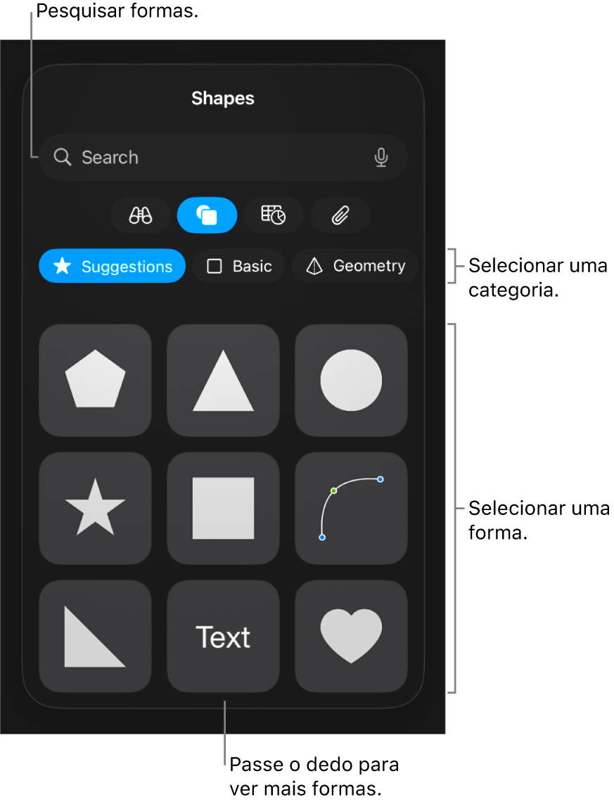 A biblioteca de formas, com as categorias exibidas na parte superior e as formas na parte inferior. É possível usar o campo de pesquisa na parte superior para encontrar formas e passar os dedos para ver mais.