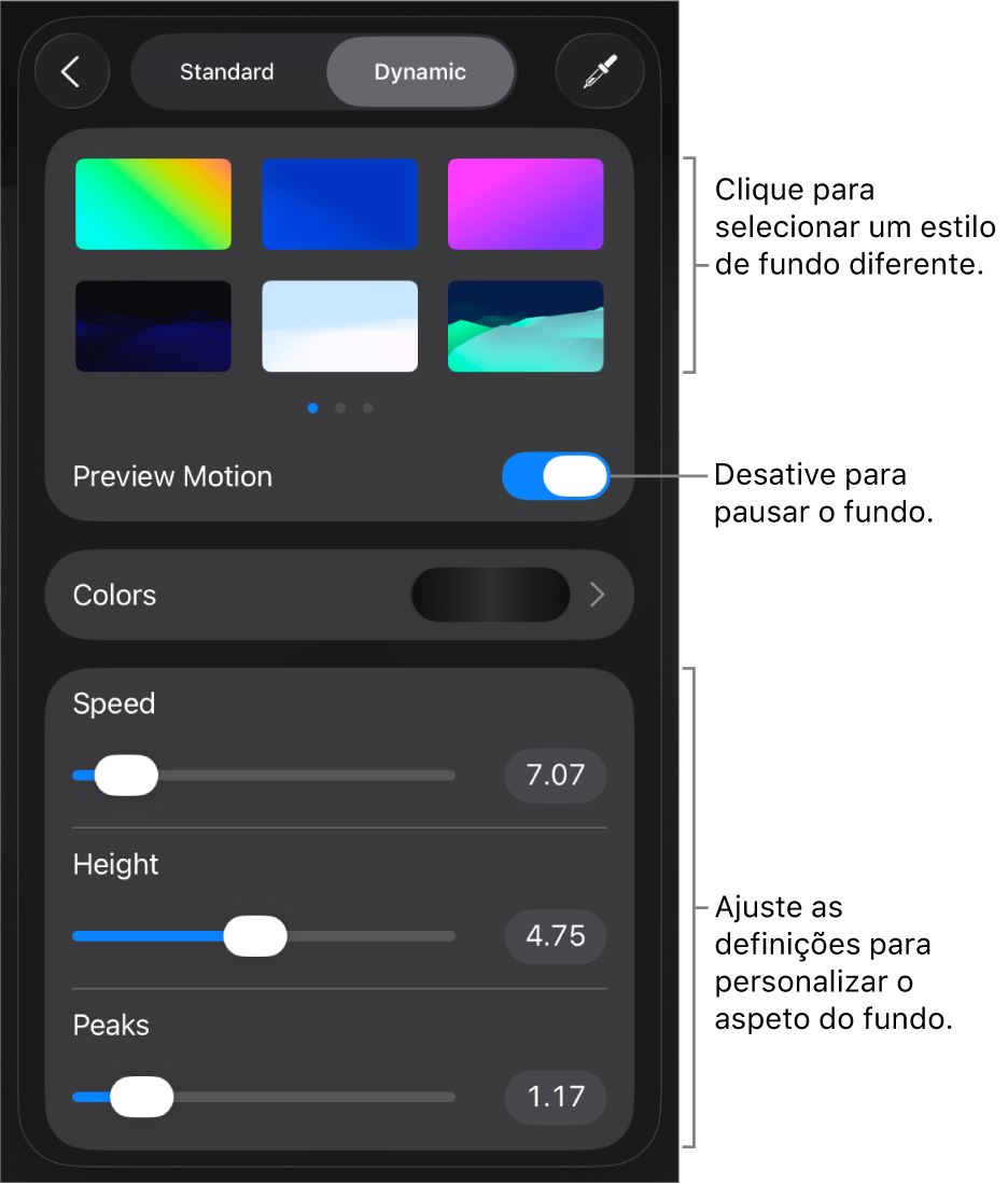 Os controlos de fundo dinâmico com as miniaturas do estilo de fundo, o botão “Pré‑visualizar movimento” e os controlos de personalização apresentados.