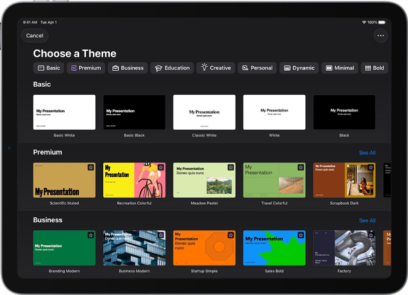 A lista de temas com uma linha de categorias visível na parte superior, na qual é possível tocar para filtrar as opções. Por baixo encontram-se as miniaturas de temas preconcebidos organizados em linhas por categoria.