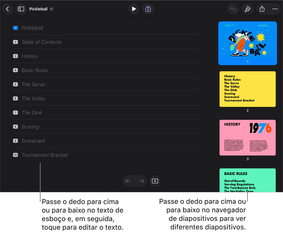 A vista de esboço com o texto de esboço no lado esquerdo do ecrã e o navegador de diapositivos vertical no lado direito.