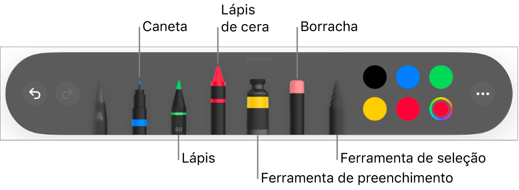 As barra de ferramentas de desenho com uma caneta, lápis, lápis de cera, ferramenta de preenchimento, borracha, ferramenta de seleção e o seletor de cores a apresentar a cor atual.