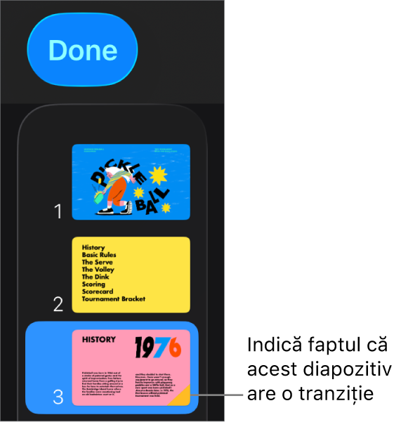 Un triunghi galben aflat pe un diapozitiv indică faptul că acesta deține o tranziție.