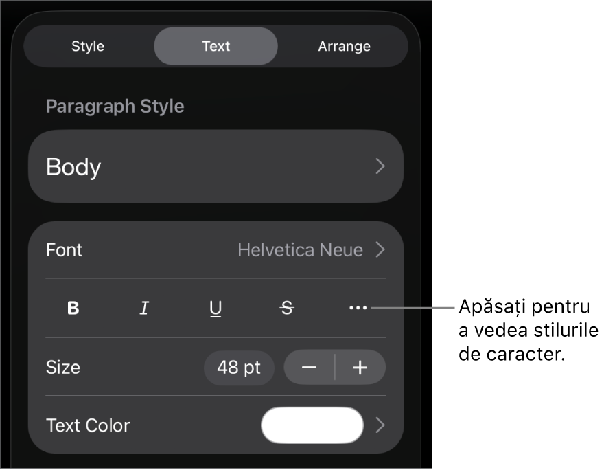 Comenzile Format cu stilurile de paragraf în partea de sus, apoi comenzile Font. Sub Font se află butoanele Aldin, Cursiv, Subliniat, Tăiat cu o linie și Alte opțiuni de text.