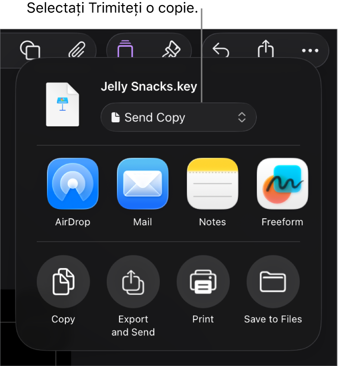 Meniul Partajează, cu opțiunea Trimite o copie selectată în partea de sus.