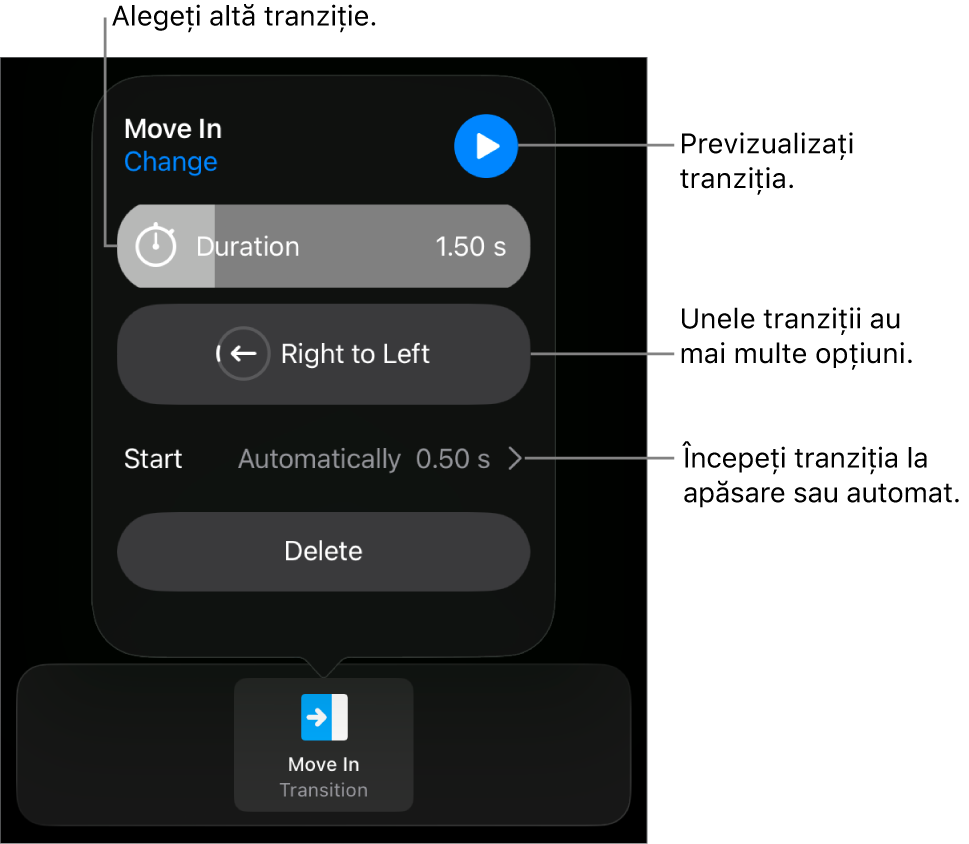 Comenzile din panoul Opțiuni pentru modificarea unei tranziții.