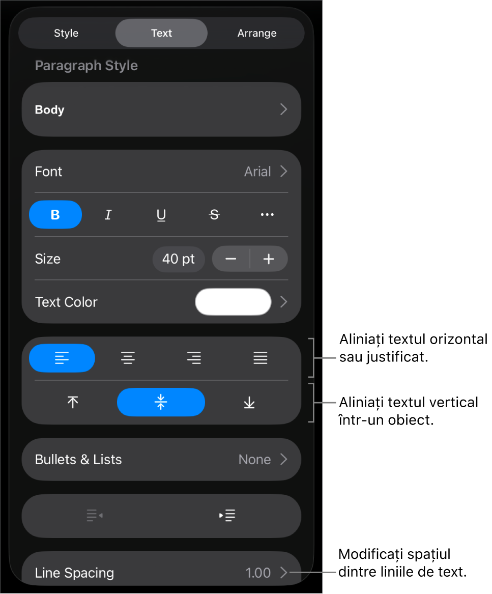 Panoul Aranjament cu explicații pentru butoanele de aliniere a textului și de spațiere.