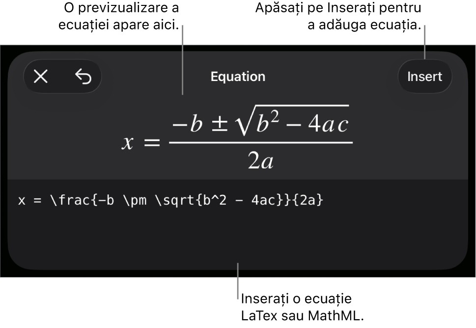 Caseta de dialog Ecuație, afișând o ecuație scrisă cu ajutorul comenzilor MathML și, deasupra, o previzualizare a formulei.