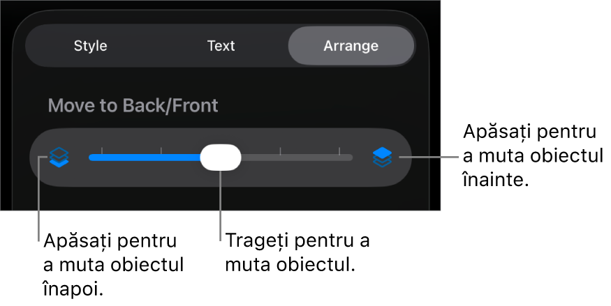 Butonul Deplasare înapoi, butonul Deplasare înainte și glisorul pentru straturi.
