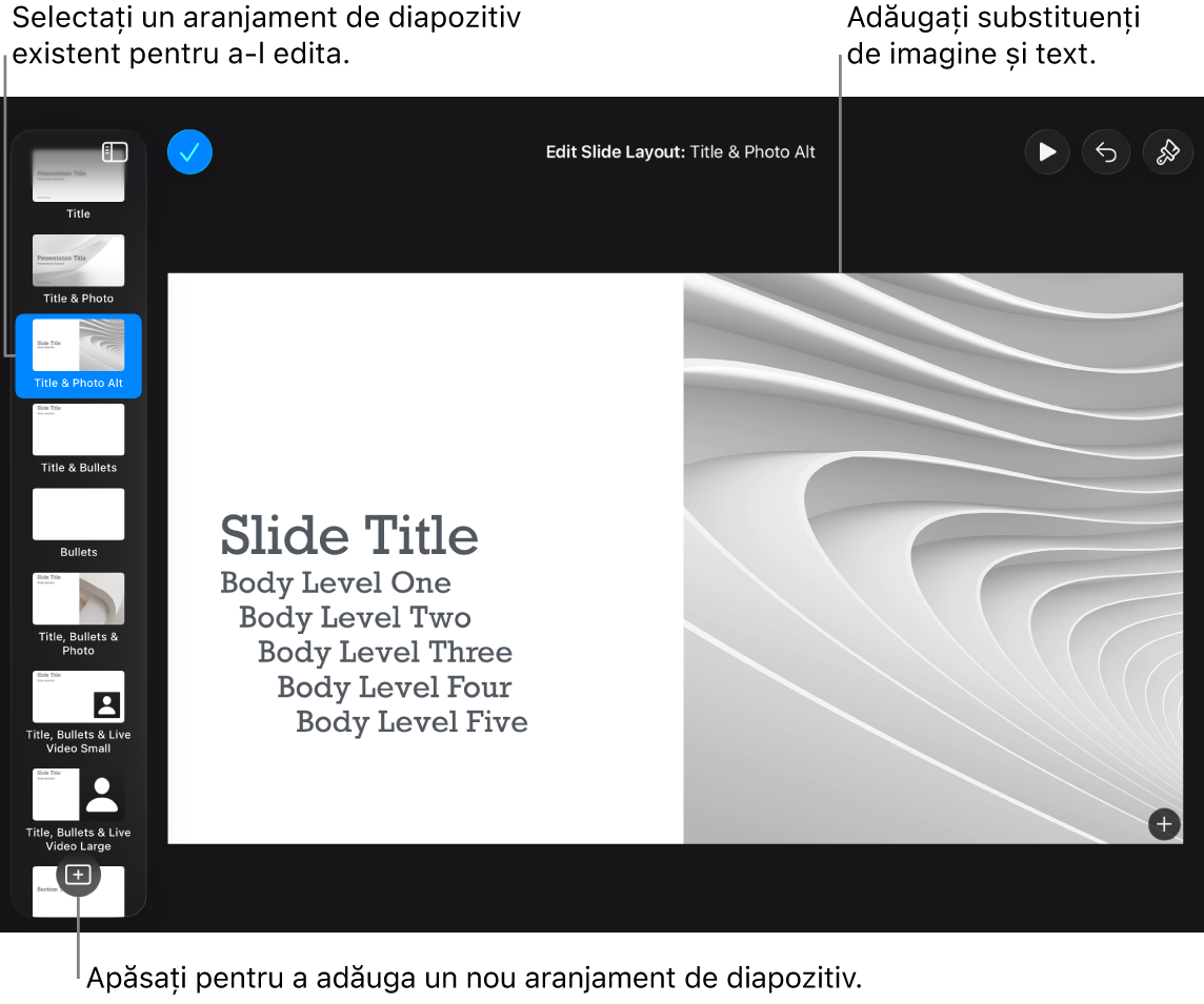 Un aranjament de diapozitiv care apare pe spațiul de lucru al diapozitivului, cu butonul „Adăugați un aranjament de diapozitiv” în partea de jos a navigatorului de diapozitive.
