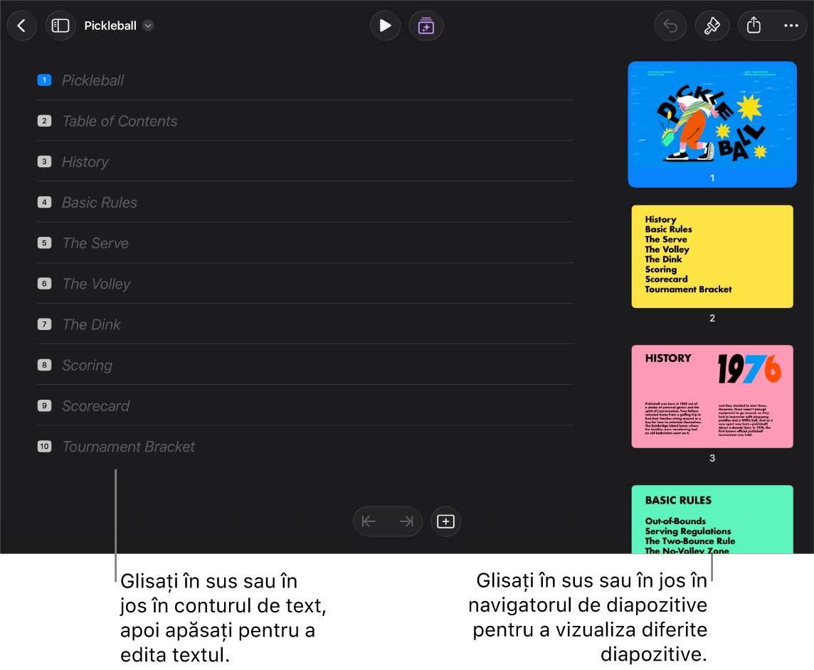 Vizualizarea Structură cu o structură cu text a unei prezentări în stânga ecranului și navigatorul de diapozitive vertical în dreapta.
