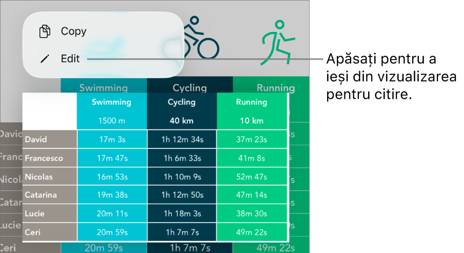 O celulă de tabel este selectată și deasupra acesteia se află un meniu cu butoanele Copiați și Editați.