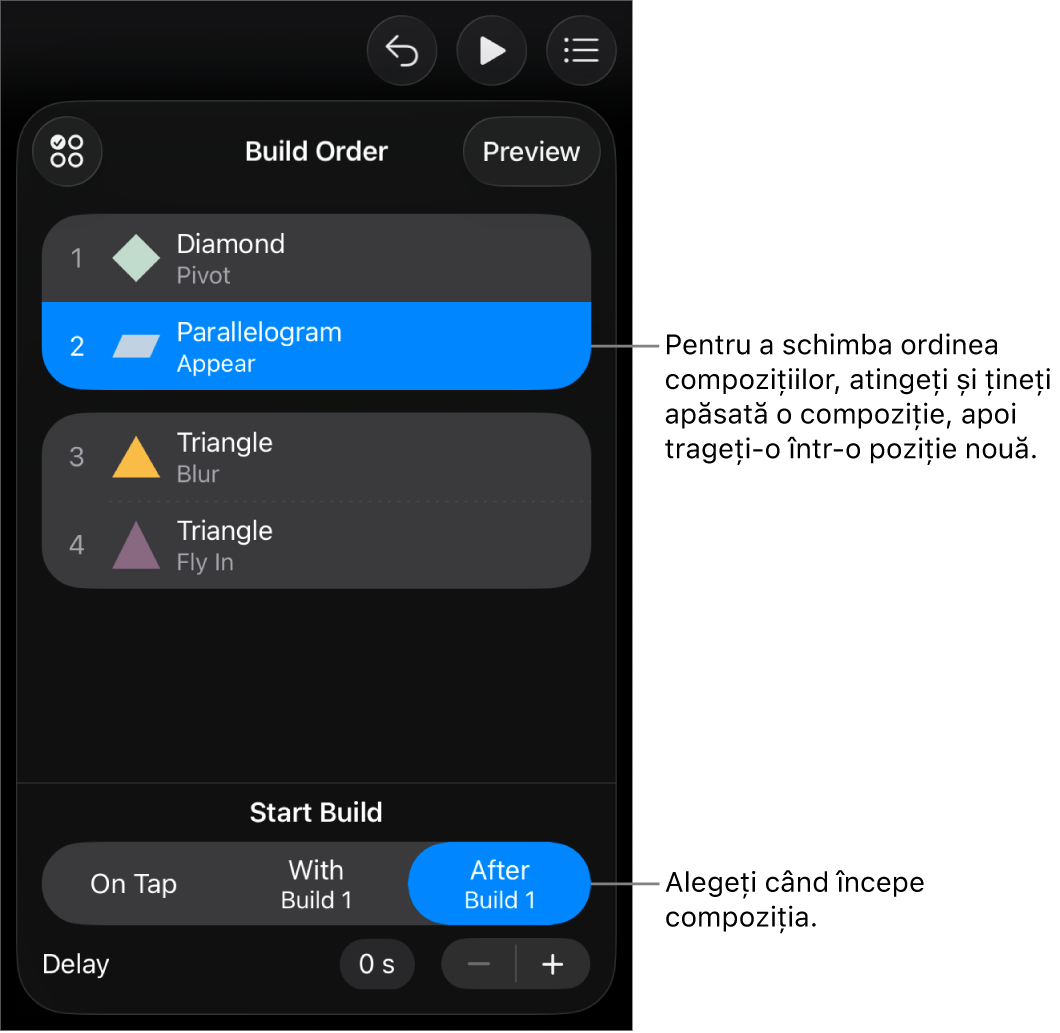 Lista Ordine compoziție prezentând efecte de intrare cu insigne galbene și efecte de ieșire cu insigne gri.
