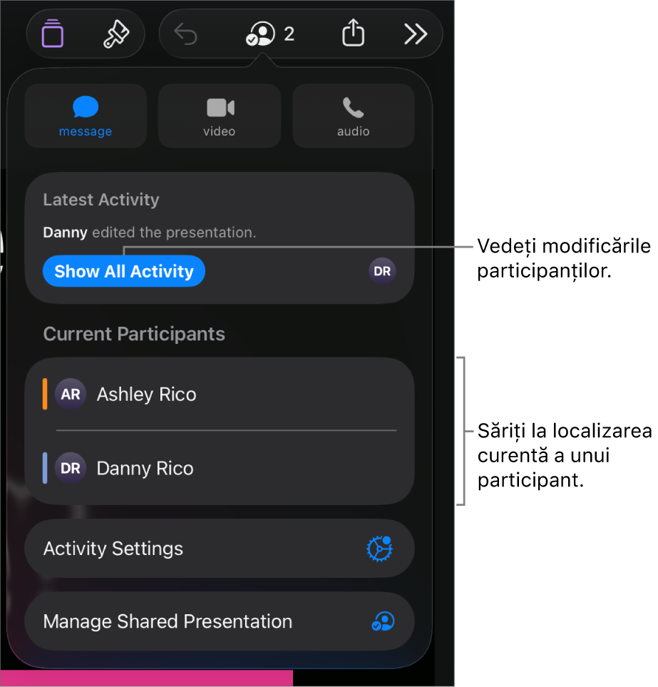 Meniul pentru colaborare cu participanții curenți listați.