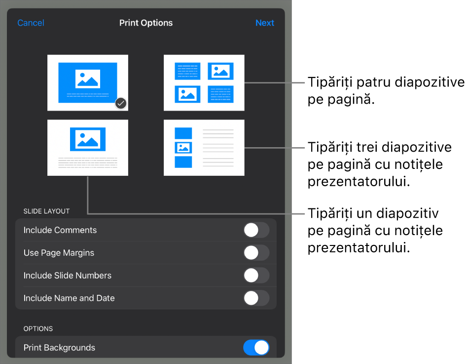 Opțiunile de aranjament pentru tipărire.