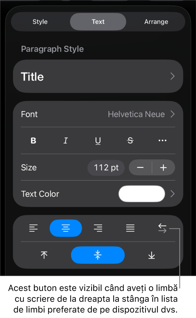 Comenzile pentru text din meniul Format cu o explicație referitoare la butonul De la stânga la dreapta.