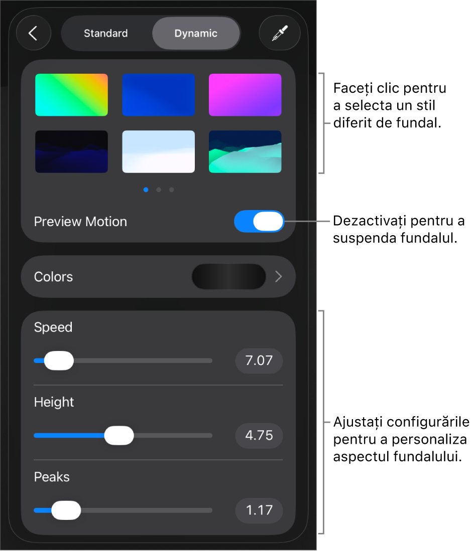 Comenzile pentru fundalul dinamic, cu miniaturile pentru stilul de fundal, butonul Previzualizare mișcare și comenzile de personalizare afișate.