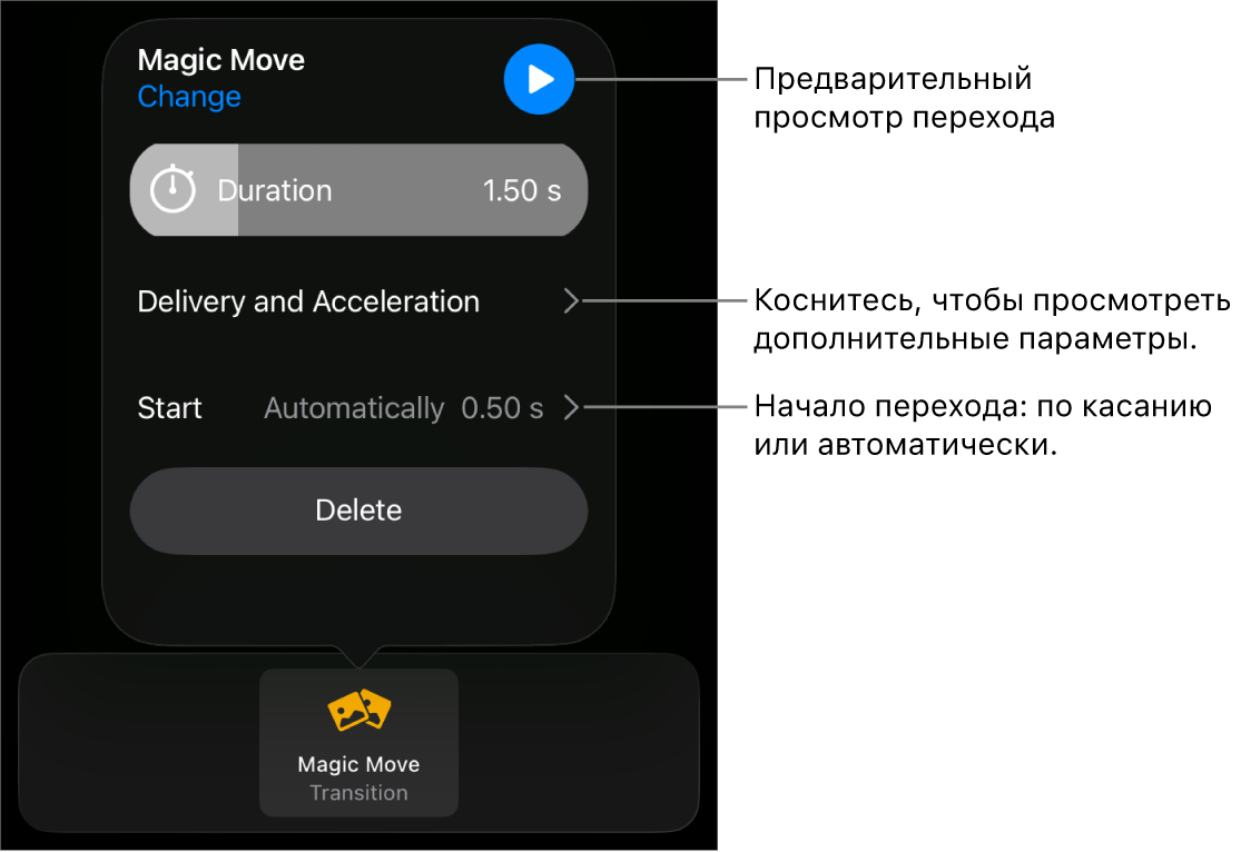 Элементы управления переходом «Волшебный сдвиг» в панели «Переходы».
