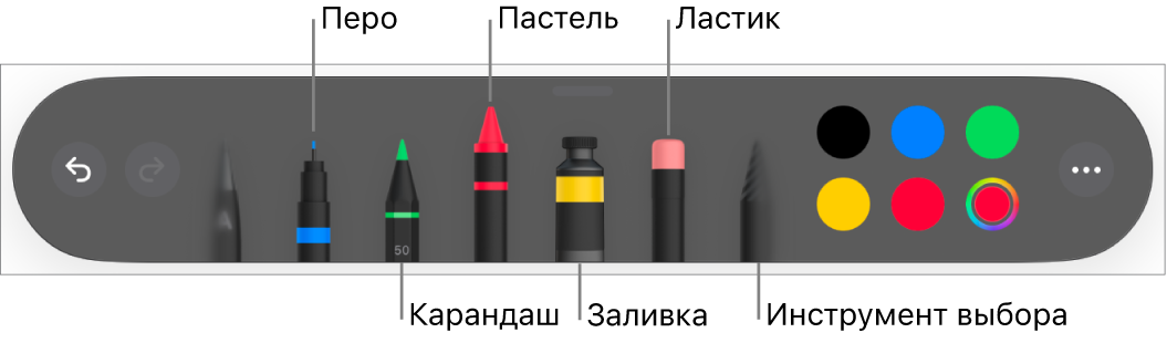 Панель инструментов рисования: перо, карандаш, пастель, заливка, ластик, инструмент выбора и цветовая область с текущим цветом.