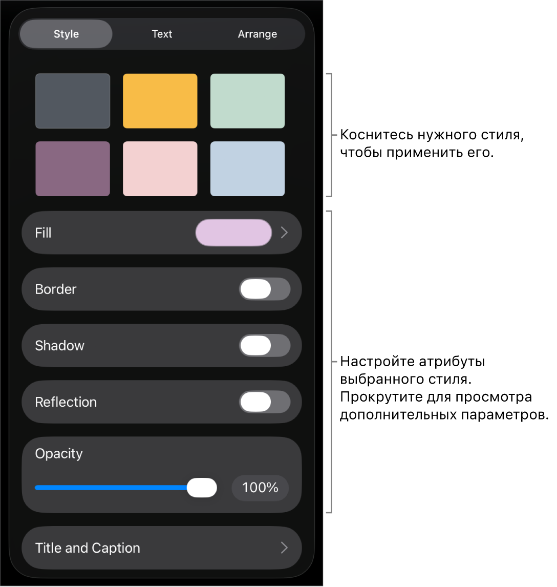 Вкладка «Стиль» в меню «Формат» со стилями объектов в верхней части и расположенными под ними элементами управления для изменения границы, тени, отражения и непрозрачности.