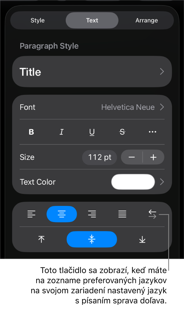 Ovládacie prvky textu v menu Formát s bublinou pre tlačidlo Zľava doprava.