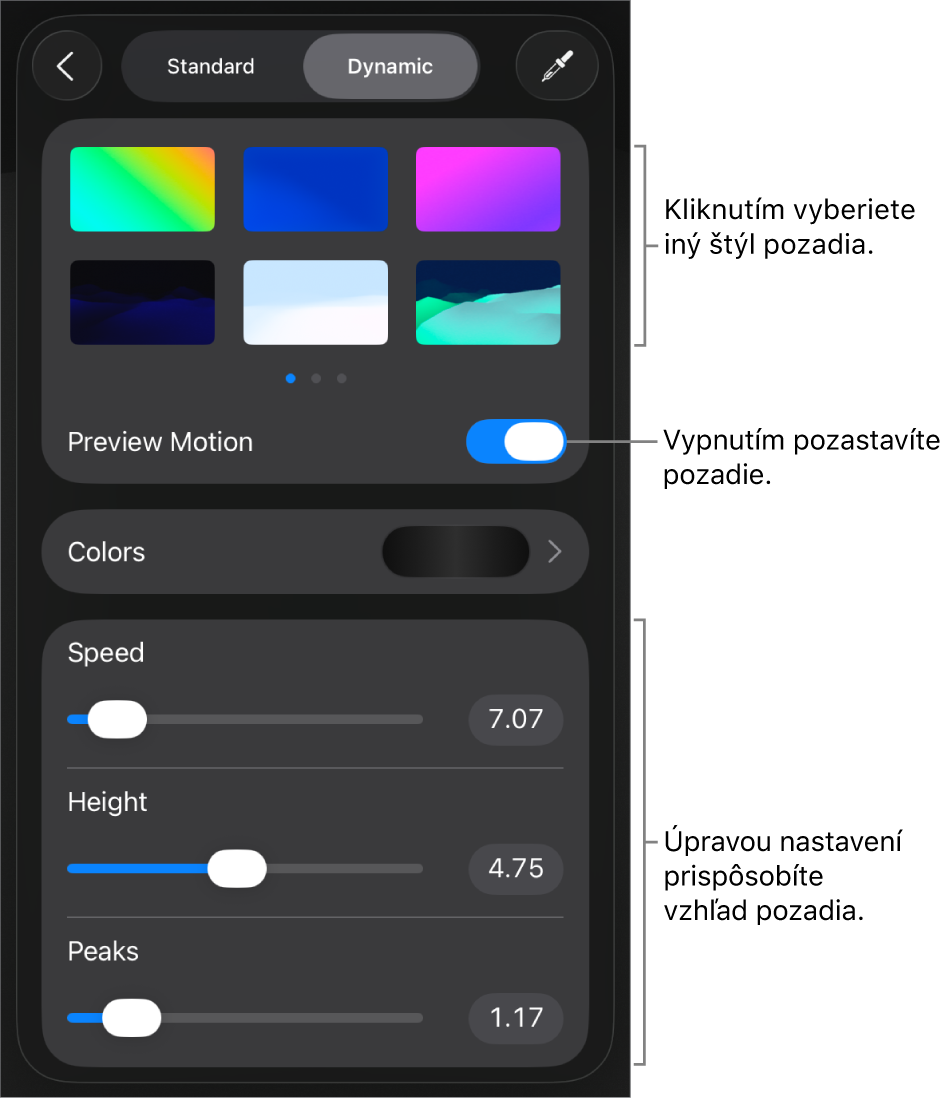 Ovládacie prvky dynamického pozadia so zobrazenými miniatúrami štýlu pozadia, tlačidlom Ukážka pohybu a ovládacími prvkami prispôsobenia.