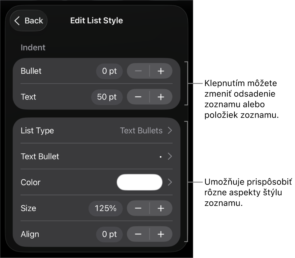 Menu Upraviť štýl zoznamu s ovládacími prvkami na úpravu typu a vzhľadu zoznamu.