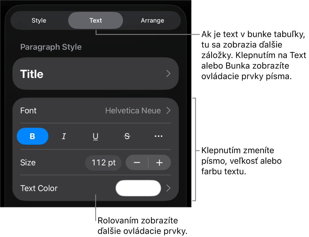 Ovládacie prvky textu v menu Formát pre nastavenie štýlov, písma, veľkosti a farby odsekov a znakov.