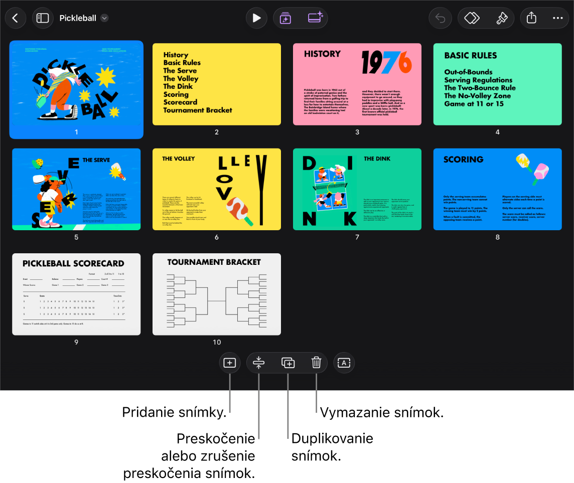 Zobrazenie Presvetľovací stôl s tlačidlami v spodnej časti obrazovky na pridanie, preskočenie, duplikovanie a vymazanie snímok a na výber viacerých snímok.