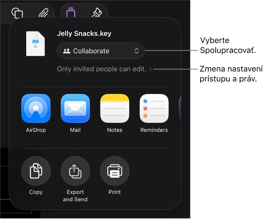 Menu Zdieľať s vybranou možnosťou Spolupracovať navrchu a pod ňou sa nachádzajú nastavenia prístupu a povolení.