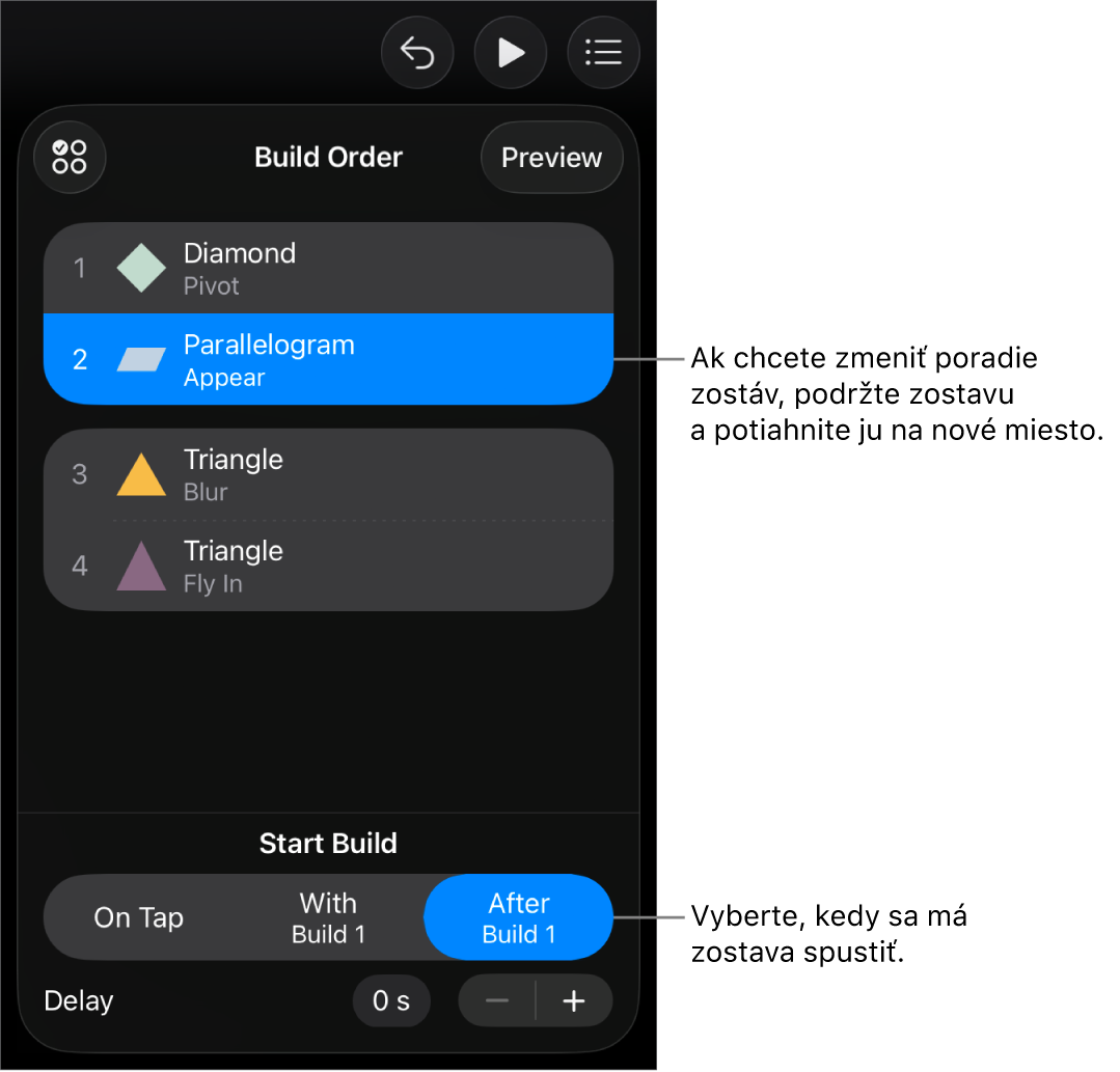 Zoznam Poradie zostavovania so zobrazením začiatočných efektov so žltými odznakmi a koncových efektov so sivými odznakmi.