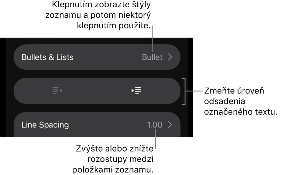 Sekcia Odrážky a zoznamy ovládacích prvkov Formát s bublinami popisujúcimi položku Odrážky a zoznamy, tlačidlami odsadenia a ovládacími prvkami na nastavenie medzery medzi riadkami.