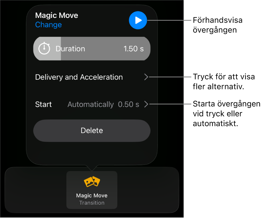 Reglage för Magisk flytt på panelen Övergångar.
