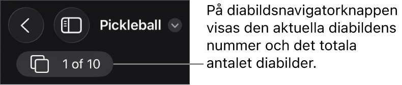 Knappen för diabildsnavigatorn visar det aktuella diabildsnumret och det totala antalet diabilder i presentationen.