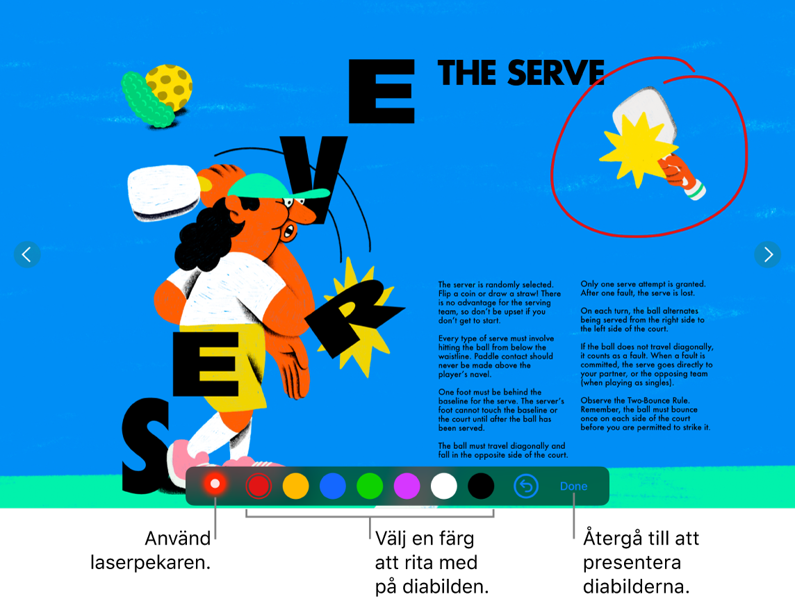 En diabild i illustrationsläge för diabilder, med laserpekaren och färgmarkeringsreglage.