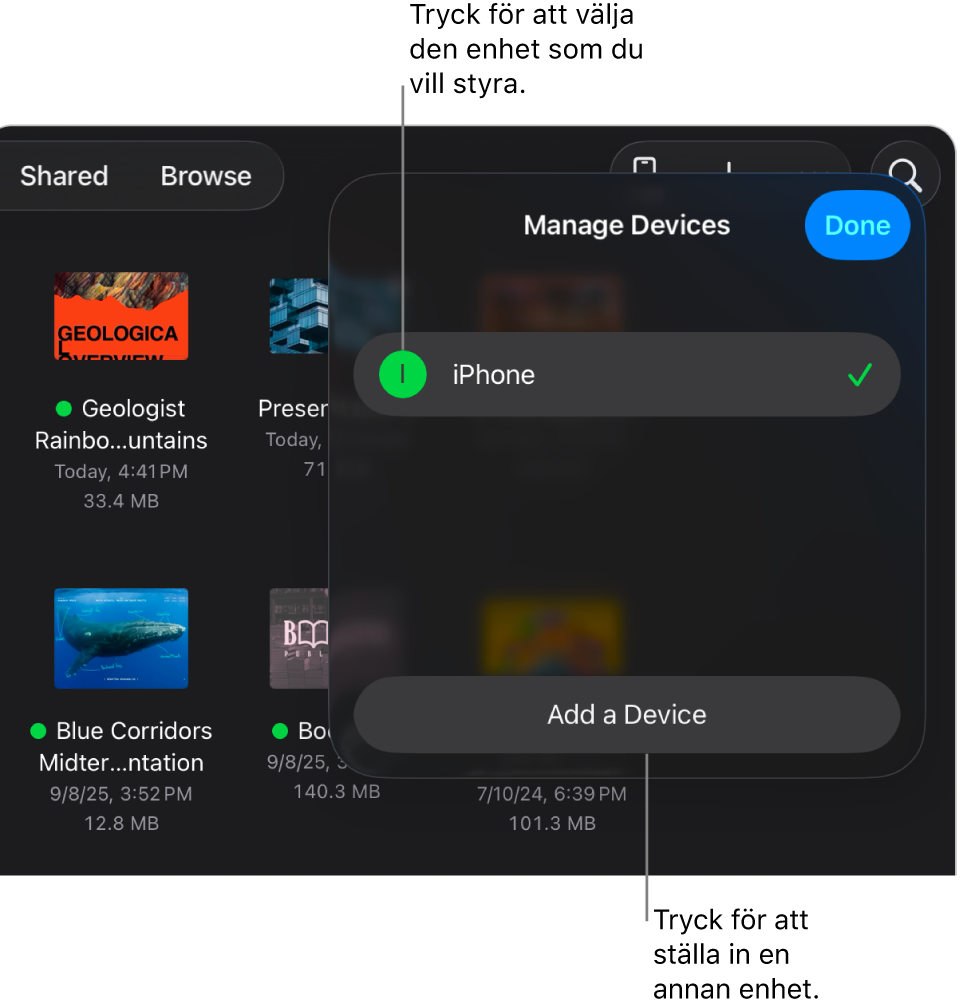 Popovern Hantera enheter som visar länken Lägg till en enhet.