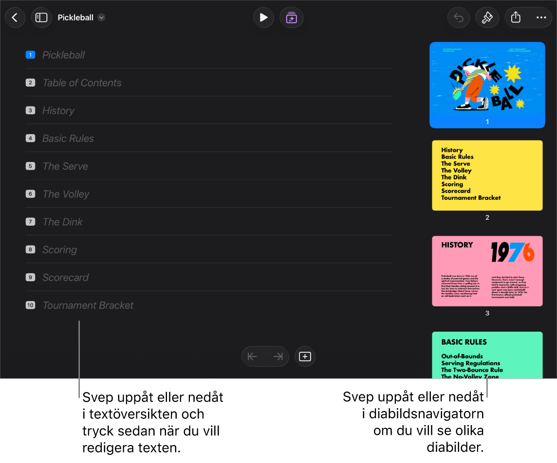Översiktsvy med en textöversikt på vänstra sidan av skärmen och den vertikala diabildsnavigatorn på högra sidan.