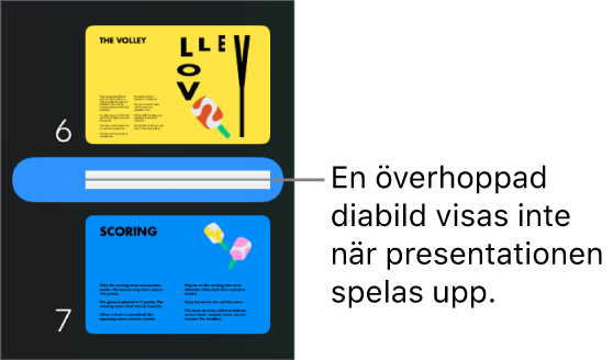 Diabildsnavigatorn med en överhoppad bild som visas som en horisontell linje.