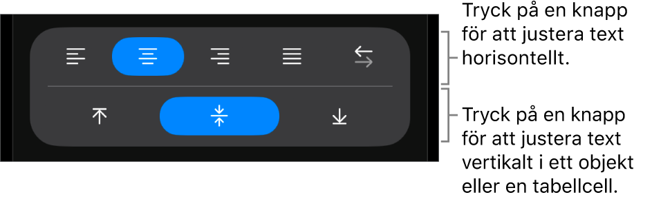 Knapparna för horisontell eller vertikal justering av text.