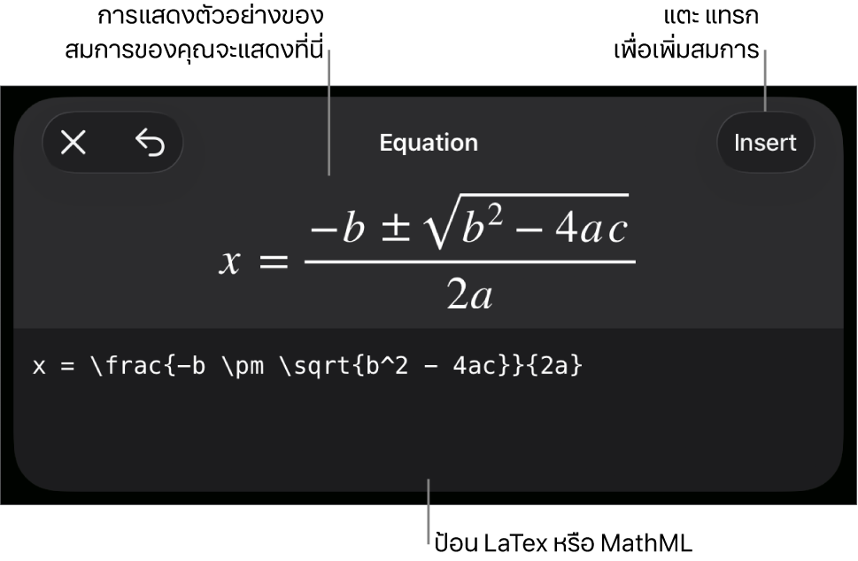หน้าต่างโต้ตอบสมการ ที่แสดงสมการที่เขียนโดยใช้คำสั่ง MathML และการแสดงตัวอย่างของสูตรด้านบน