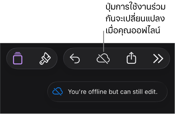 ปุ่มต่างๆ ด้านบนสุดของหน้าจอ ซึ่งมีปุ่มการใช้งานร่วมกันที่เปลี่ยนเป็นรูปเมฆที่มีเส้นทแยงมุมทะลุผ่าน การเตือนบนหน้าจอแจ้งว่า “คุณออฟไลน์อยู่แต่ยังคงสามารถแก้ไขได้”