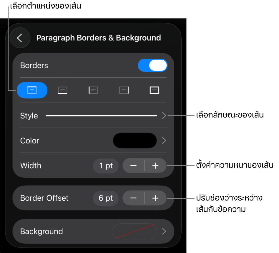 ตัวควบคุมสำหรับเปลี่ยนลักษณะเส้น ความหนา ตำแหน่ง และสี