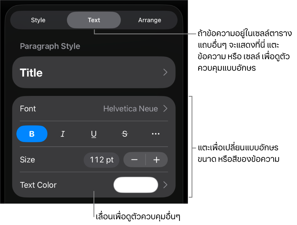 ตัวควบคุมข้อความในเมนูรูปแบบสำหรับตั้งค่าลักษณะ แบบอักษร ขนาด และสีของย่อหน้าและอักขระ