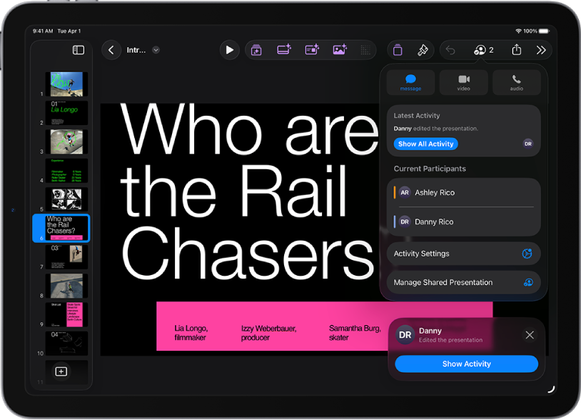 เมนูการใช้งานร่วมกันที่แสดงชื่อของผู้คนที่กำลังใช้งานงานนำเสนอร่วมกัน
