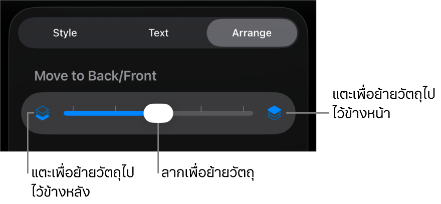 ปุ่มย้ายถอยหลัง ปุ่มย้ายไปข้างหน้า และแถบเลื่อนเลเยอร์