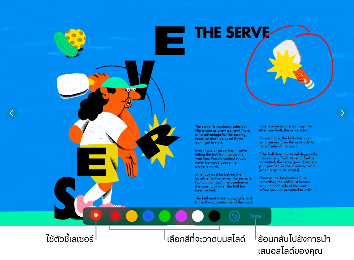 โหมดแสดงให้เห็นสไลด์ในสไลด์จะแสดงตัวชี้เลเซอร์และตัวควบคุมการเลือกสี