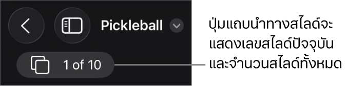ปุ่มแถบนำทางสไลด์ที่แสดงเลขสไลด์ปัจจุบันและจำนวนสไลด์ทั้งหมดในงานนำเสนอ
