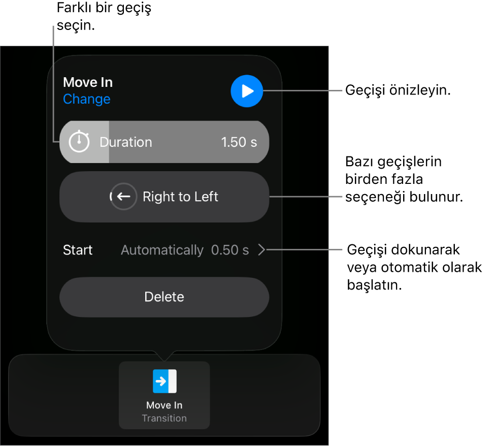 Geçişleri değiştirmek için Seçenekler bölümündeki denetimler.