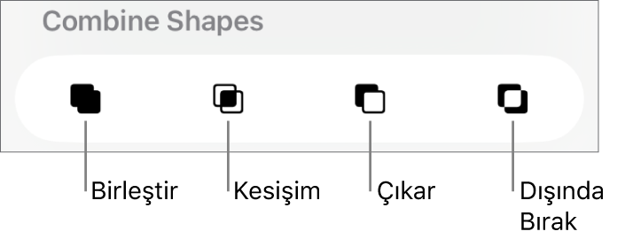Şekilleri Birleştir’in altındaki Birleştir, Kesişim, Çıkar ve Dışında Bırak düğmeleri.